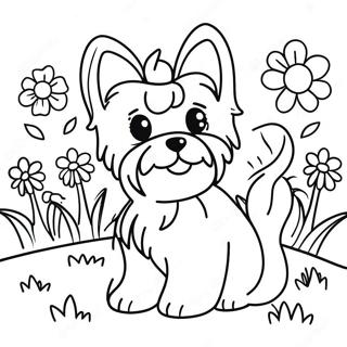 Bedarende Yorkshire Terrier I En Blomsterhave Farvelaegningsside 109800-46497