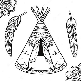 Dekoreret Teepee Med Fjer Farvelaegningsside 133700 65930